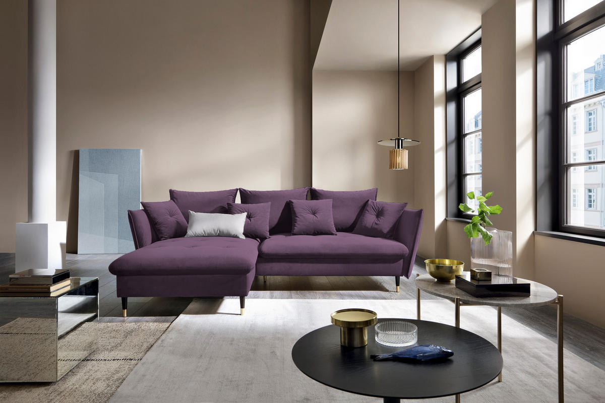 ECKSOFA GLAM mit Schlaffunktion, Ottomane & goldenen Füßen – Samtsofa im Glamour-Stil mit Zierkissen, 258x167x91cm, Linke, LILA - Lila, Holz/Textil (167/258cm) - DomoHome