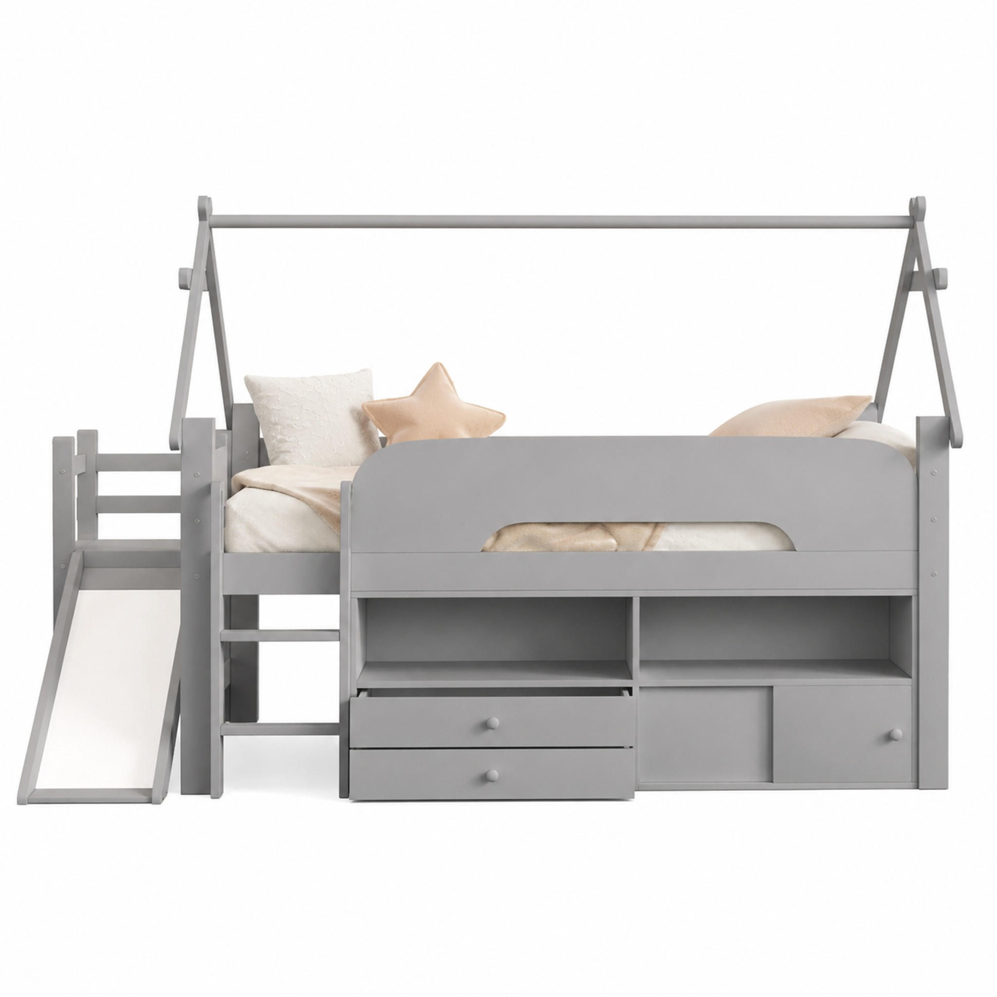 KINDERBETT Hochbett mit Rutsche und Stauraum 90x200 cm Massivholz Grau - Grau, Holz (90/200cm) - Meubliv