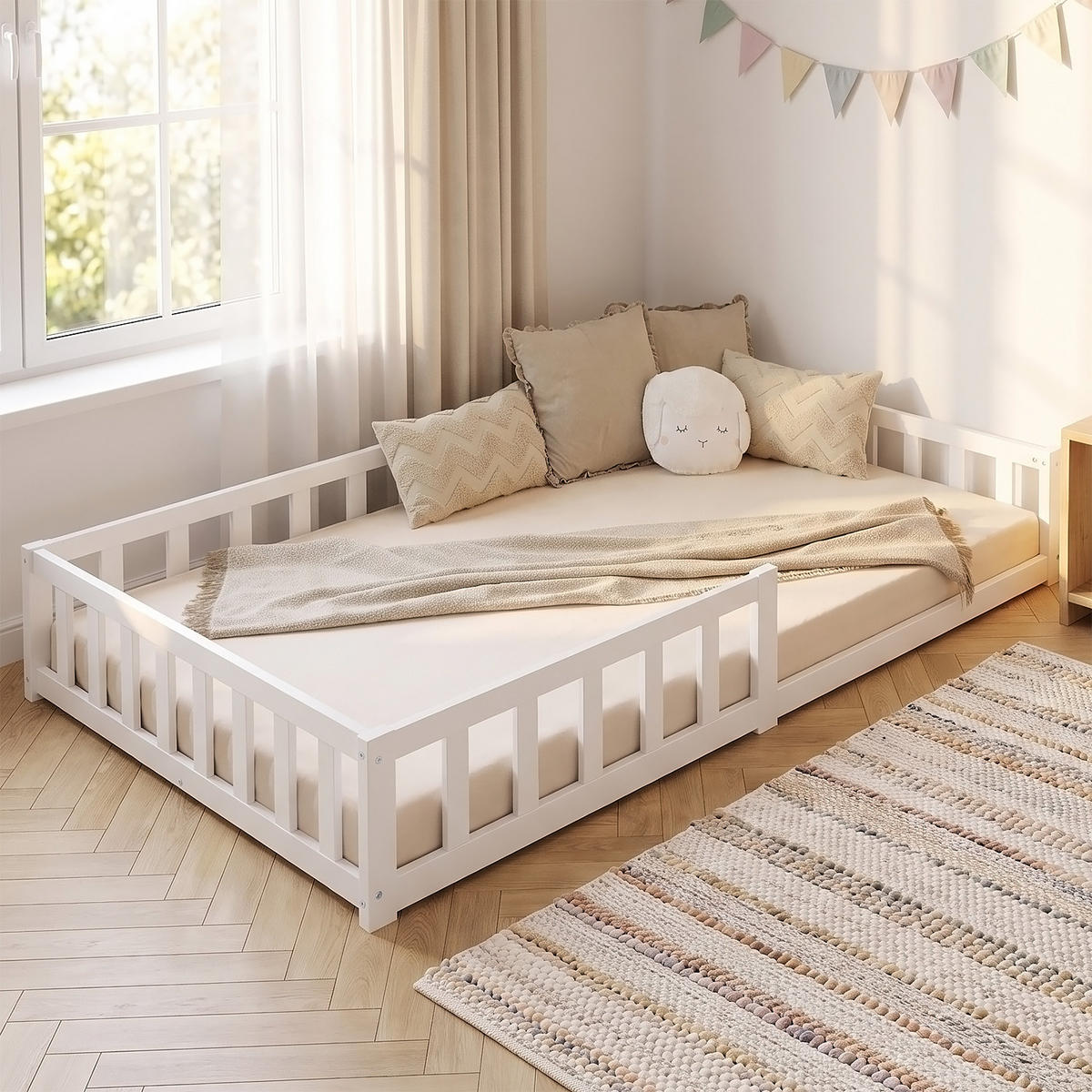 BODENBETT 120x200 cm in weiß Lattenrost + Matratze - Weiß, Holz (120/200cm) - Homestyle4u
