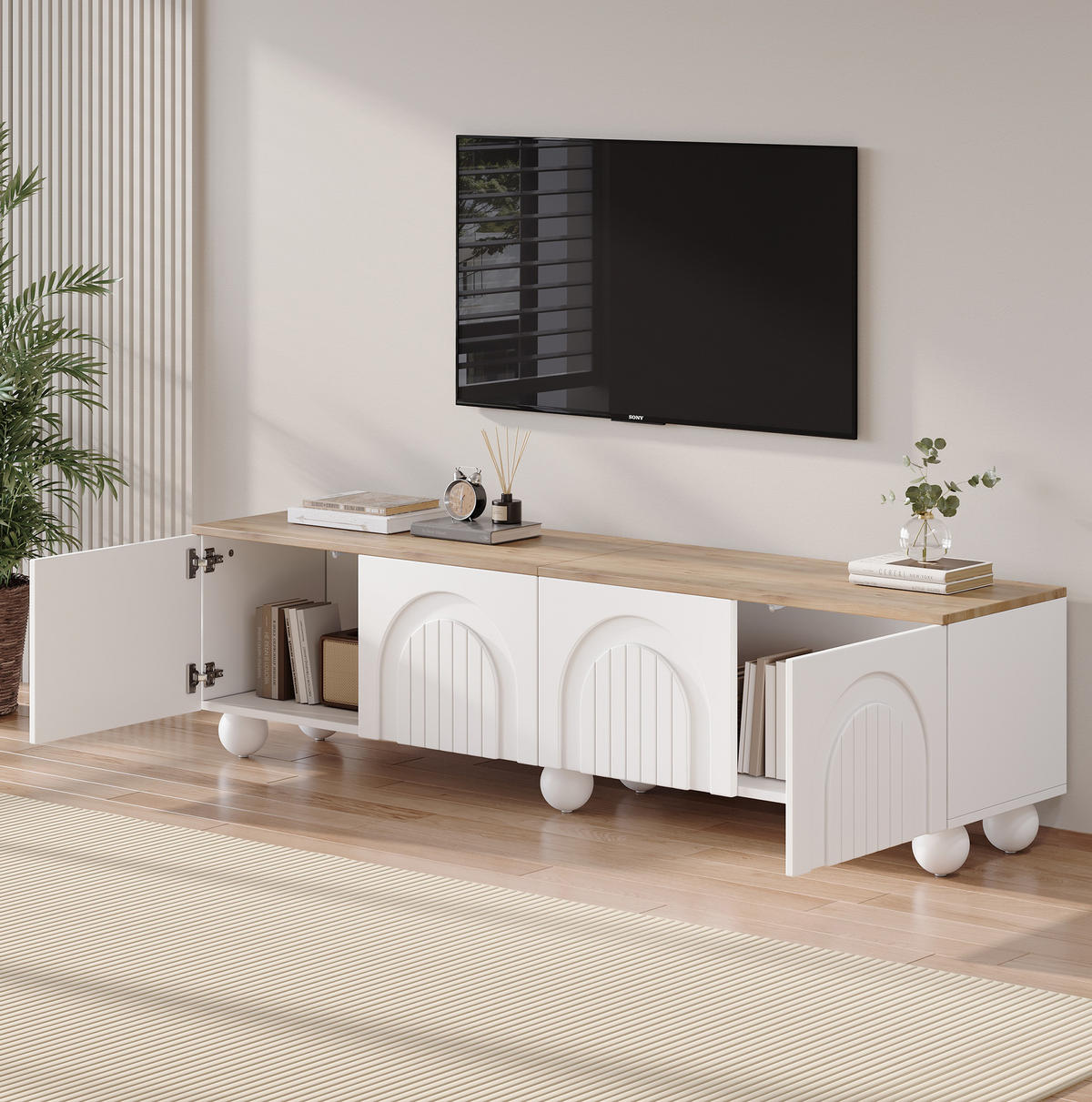 TV-ELEMENT mit 4 Türen 180 x 40 x 45 cm Weiß Holzoptik - Weiß, Holzwerkstoff (40/45/180cm) - Beauniv