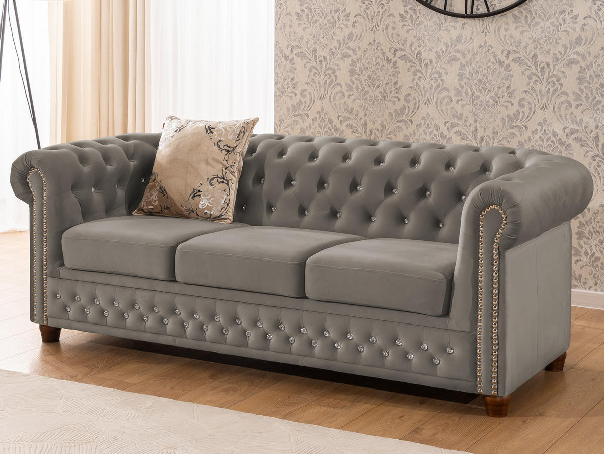 CHESTERFIELD-SOFA 3-sitzer Cleo Blink Grau Samt mit Kristallsteppung und braunen Massivholzfüßen - Braun/Grau, Holz/Textil (203/72/86cm) - S-Style Möbel