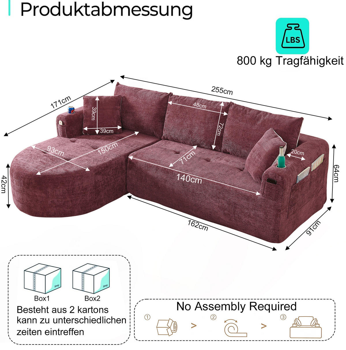 ECKSOFA in L-Form mit Edelstahl-Becherhalter, Seitentaschen und montagefreiem Design, Bordeauxrot - Bordeaux, Textil (255/170cm) - Redom