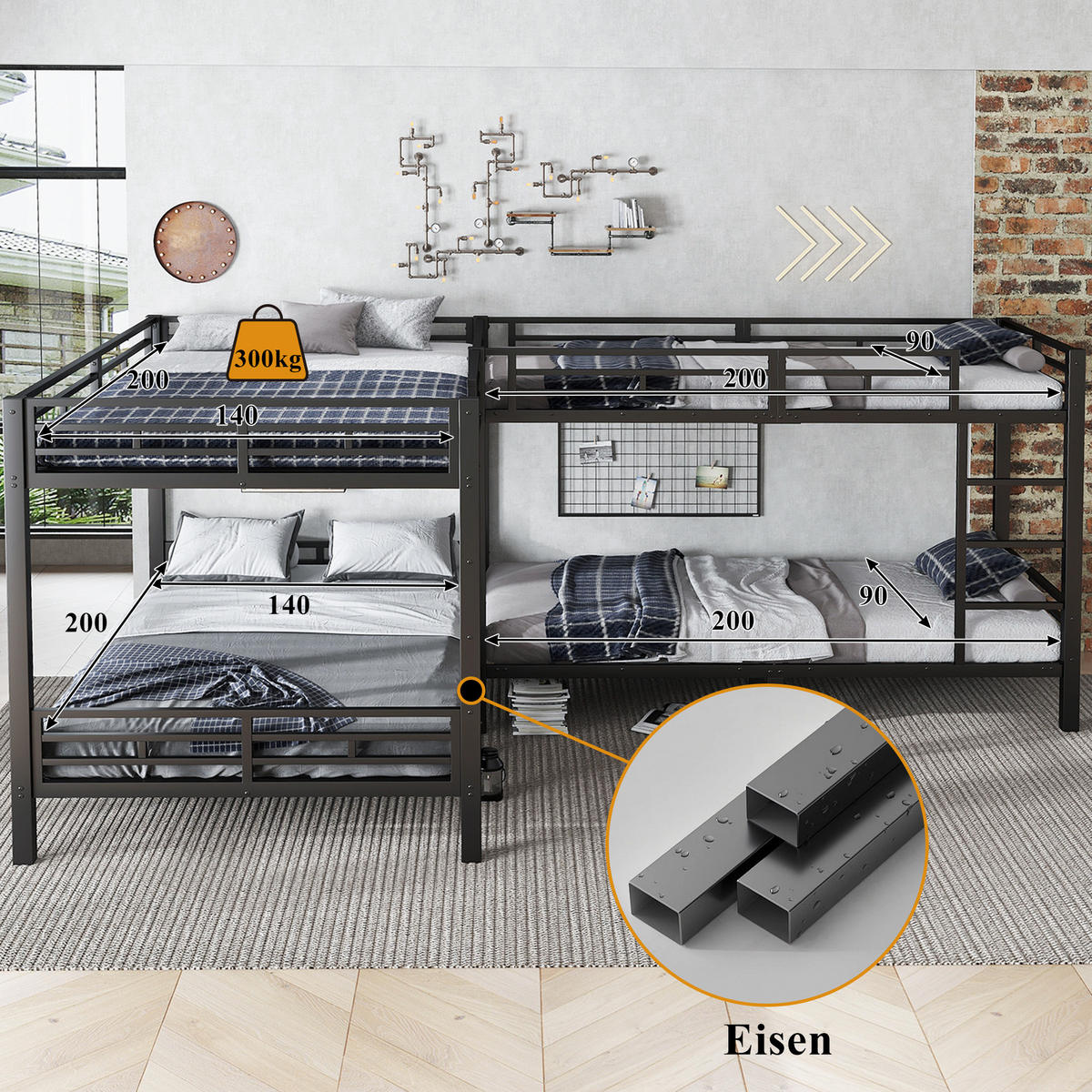 ETAGENBETT 90/140x200 cm Metall schwarz - Schwarz, Metall (140/200cm) - Fortuna Lai