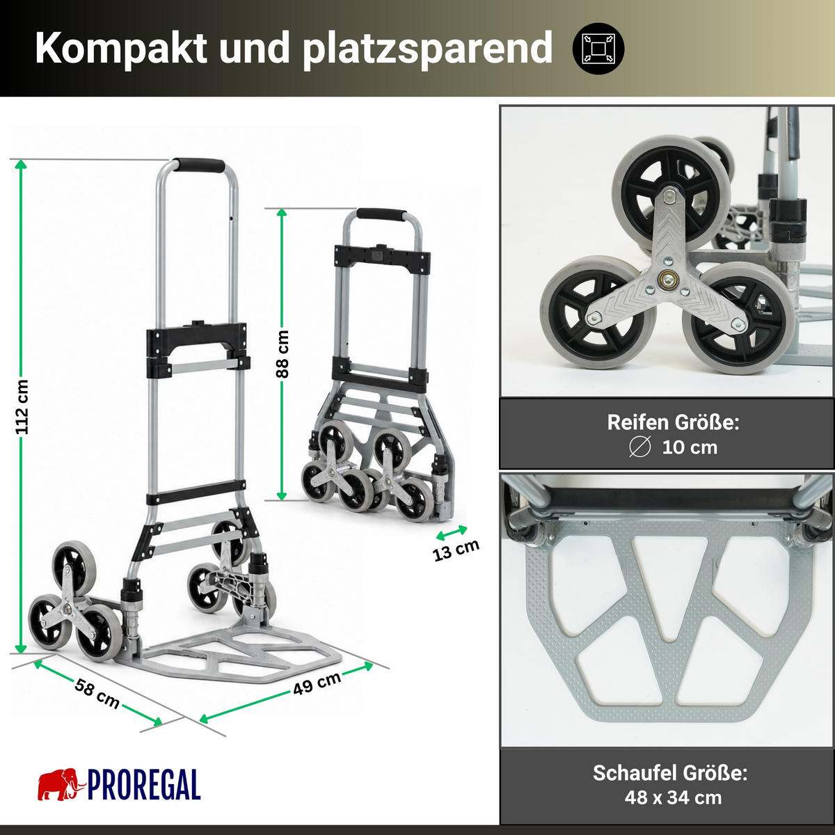 TREPPENSTEIGER Sackkarre Elephant klappbar 112x49x58cm Traglast 150kg AluminiumrahmenTRR Fachgummiräder Schwarz - Silberfarben, Metall (58/49/112cm) - PROREGAL