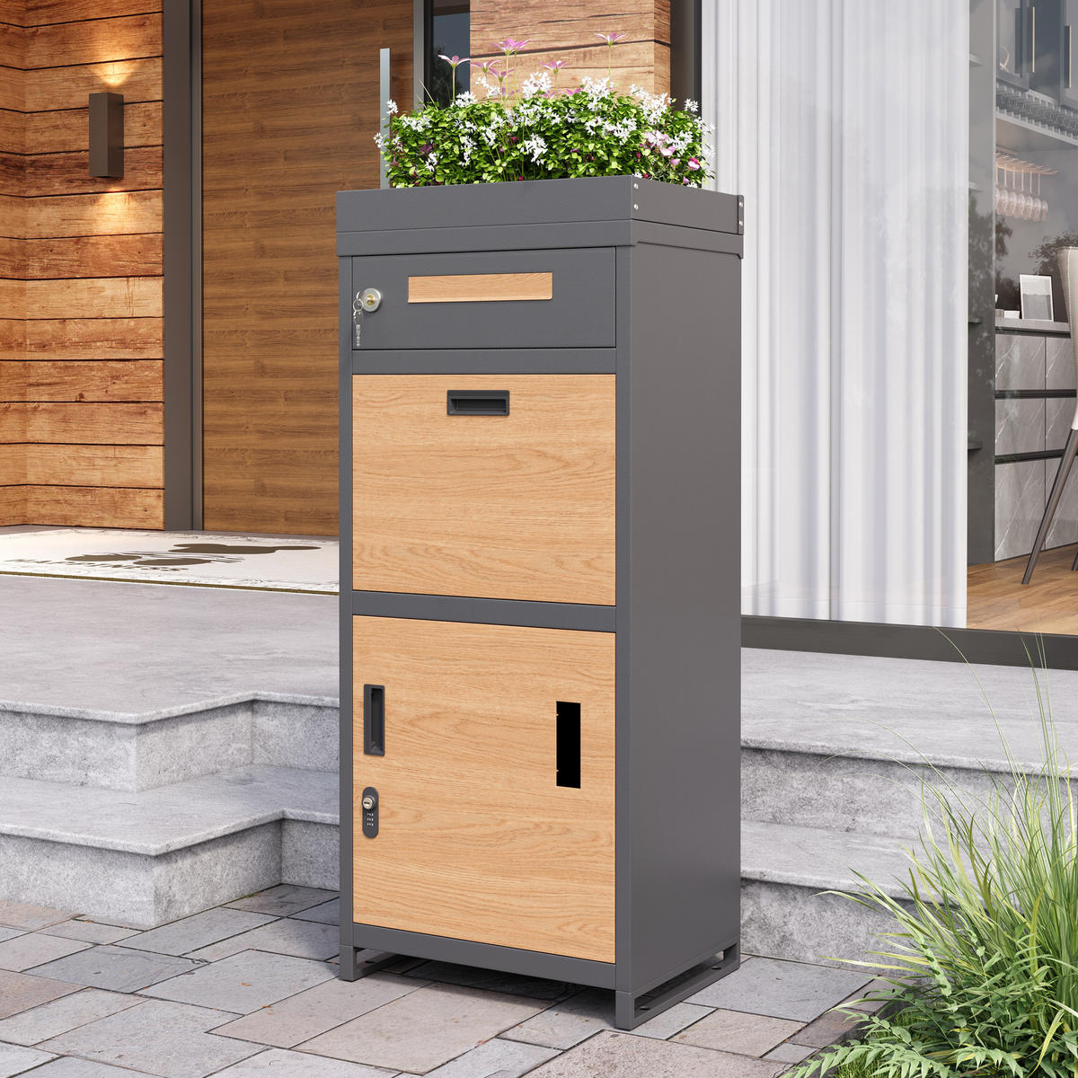 PAKETBRIEFKASTEN abschließbar Pflanzkasten integriert - Grau, Metall (50/118.5/37cm) - Fortuna Lai