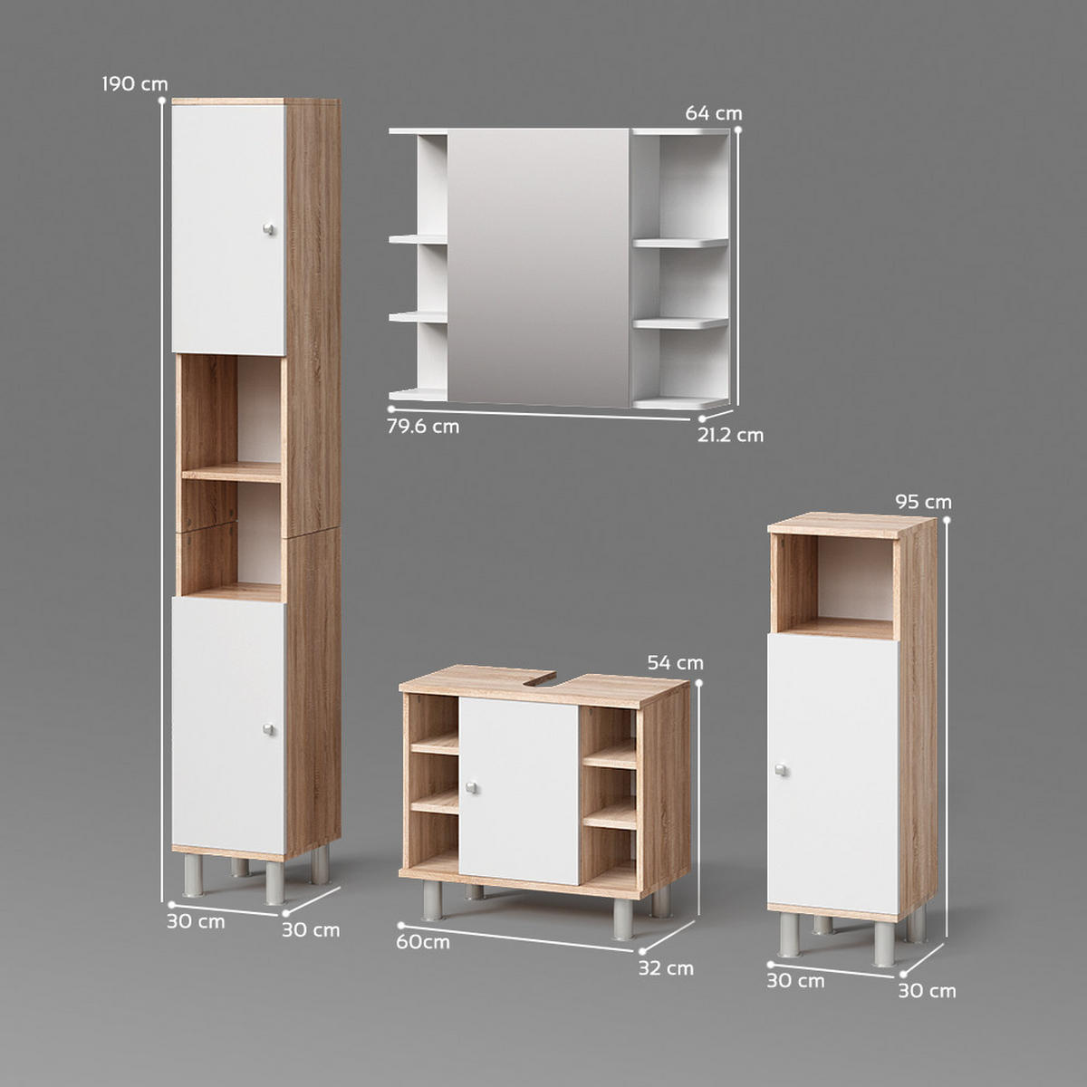 BADMÖBEL-SET Fucino Sonoma 4 Teile - Weiß/Sonoma Eiche, Holzwerkstoff (60/54/32cm) - Livinity®