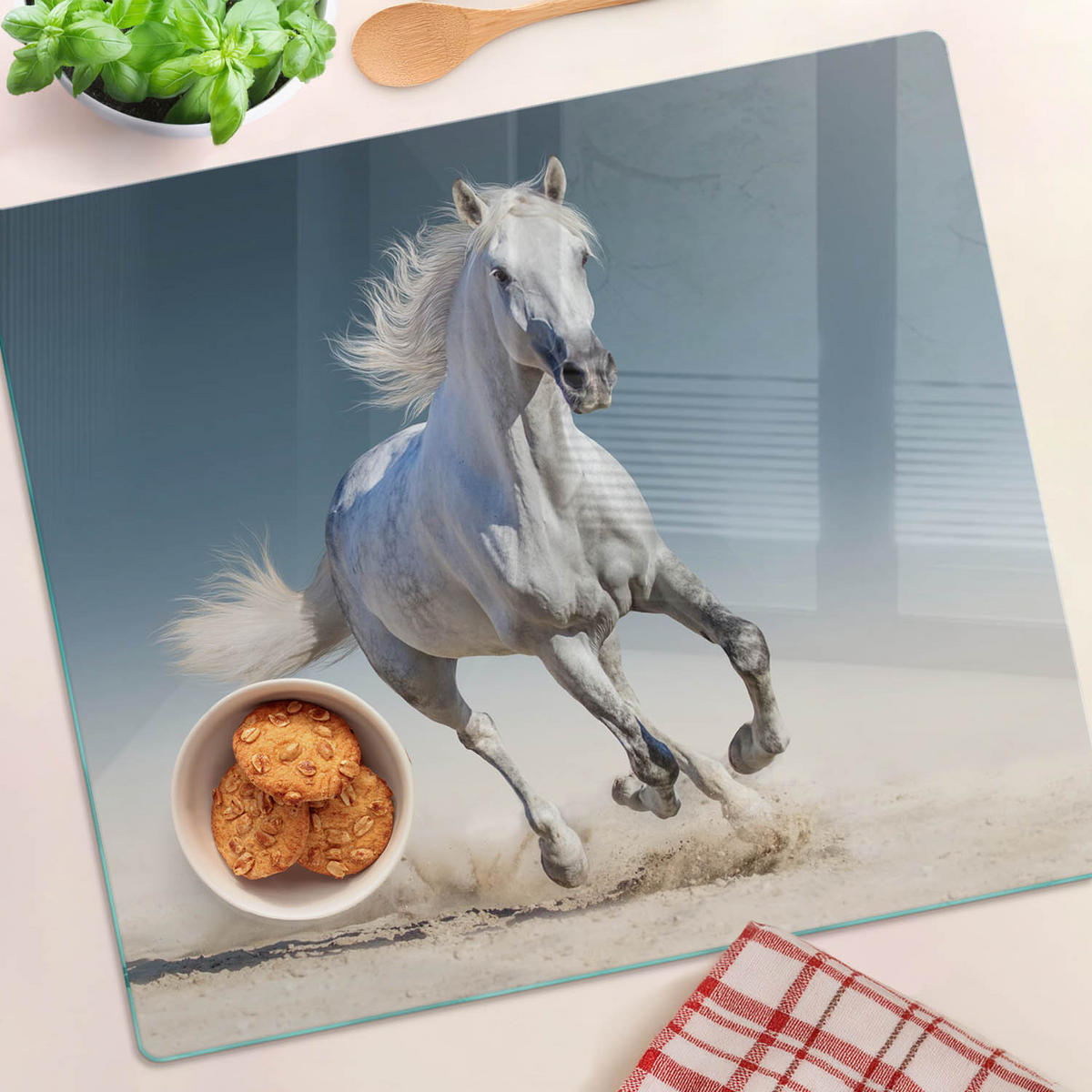 GLASPLATTE 60x52 cm Ein graues Pferd im Galopp - Grau, Glas (60/0.4cm) - TULUP