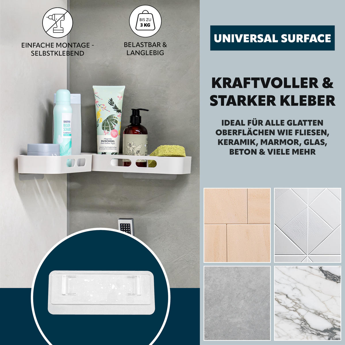 DUSCHABLAGE zum Kleben, Kunststoff, Grau - Grau, Kunststoff (32.5/4/11cm) - eluno