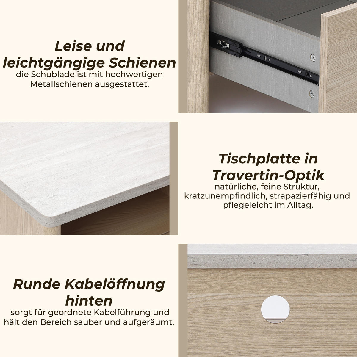 MODERNER Nachttisch mit Schnee-Eichenoptik, Schubladen & Kunst-Travertin-Platte | B53 x T45 x H50 cm - Braun, Holzwerkstoff (53/50/45cm) - Hometopia