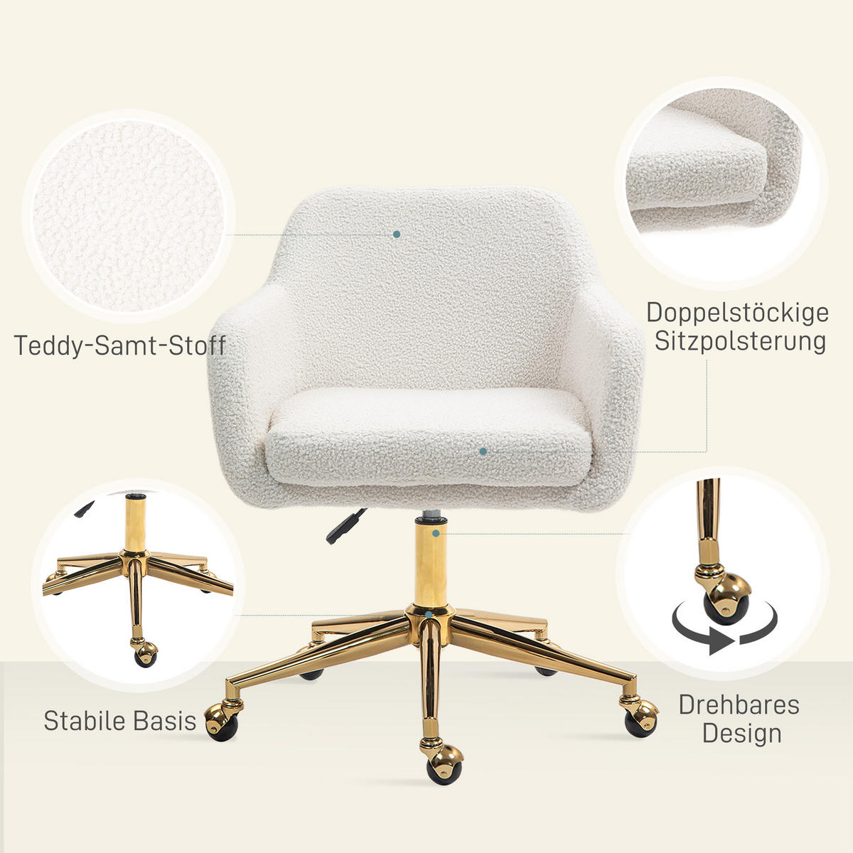 HOMEOFFICE-STUHL, höhenverstellbarer Bürostuhl mit Rollen, Samtartiger Bezug, Metallbasis, Cremeweiß - Creme, Textil (61/88/60cm)