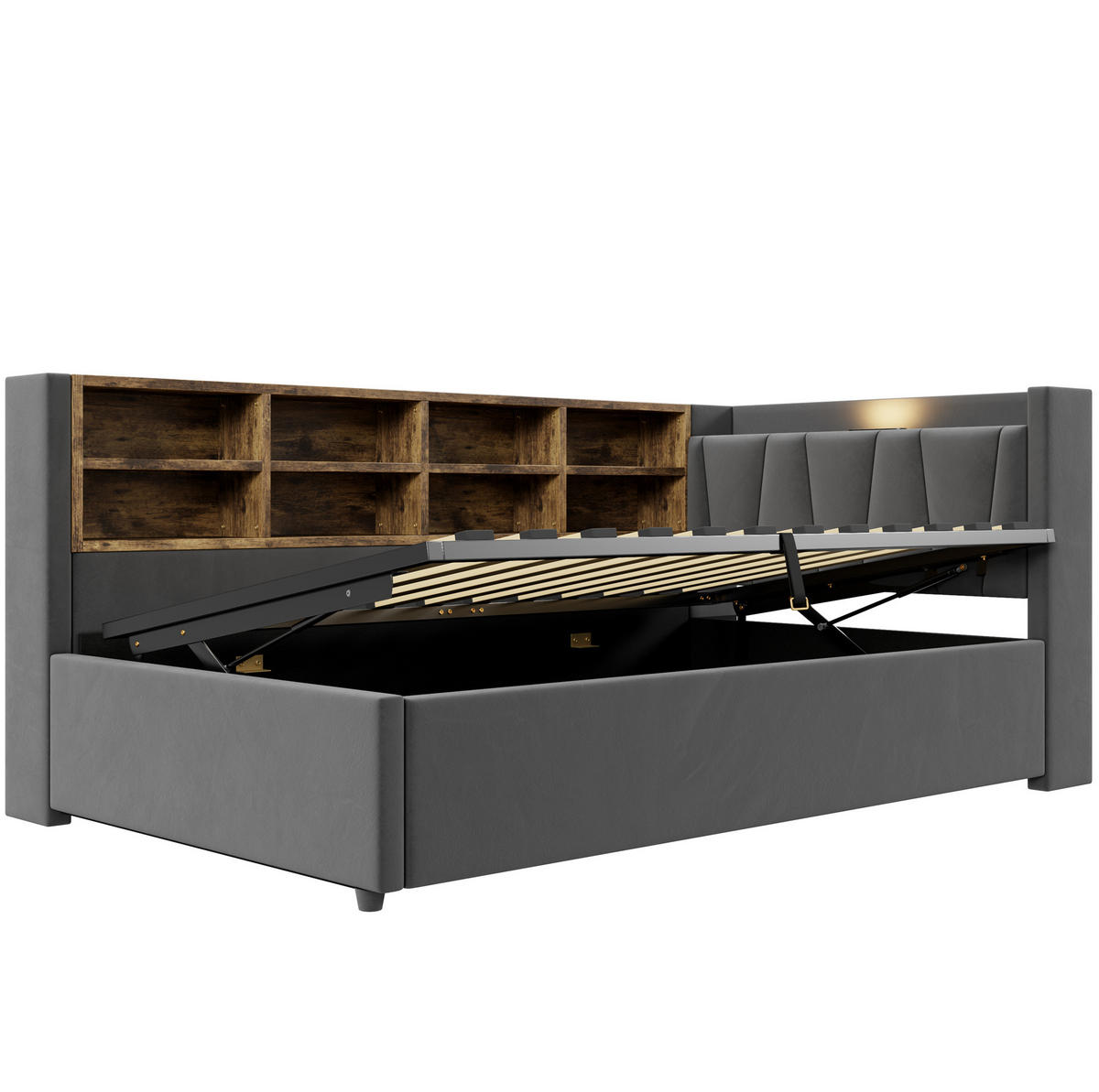 SAMT-POLSTERBETT 90/200 cm mit Bettkasten, USB-C und Nachtlicht - Dunkelgrau, Textil (90/200cm) - BEAOK