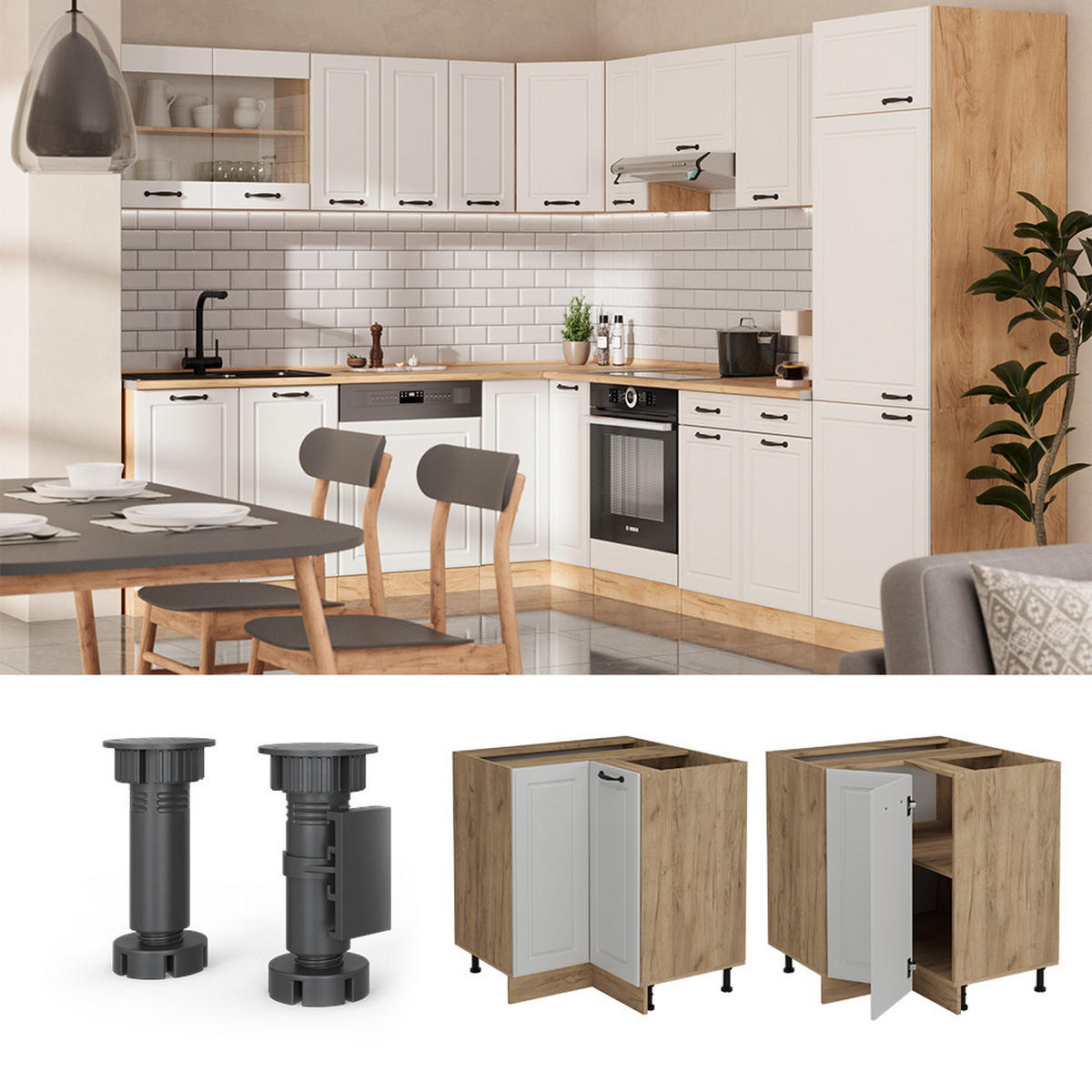 ECKUNTERSCHRANK R-Line Weiß Landhaus 75.6 cm , AP Anthrazit - Honigeiche/Eiche Wotan, Holzwerkstoff (75.6/81.6/60cm) - Vicco