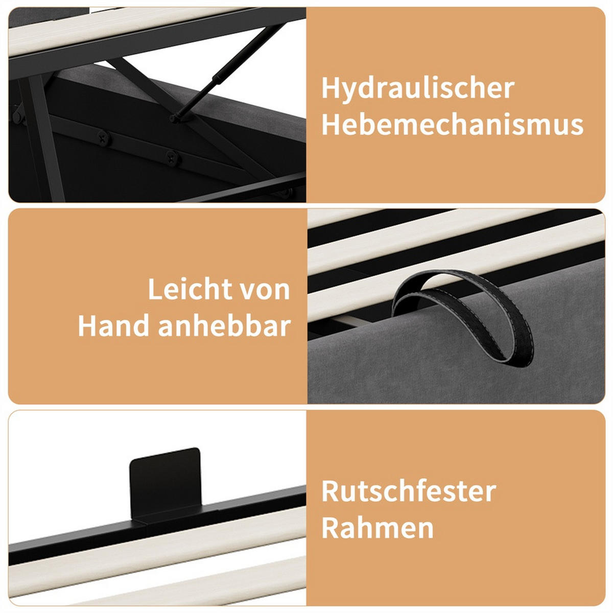 POLSTERBETT 160x200cm mit USB- & Type-C Ladeanschluss -Hydraulik-Stauraum und LED-Beleuchtung - Grau - Grau, Textil (160/200cm) - DELFA