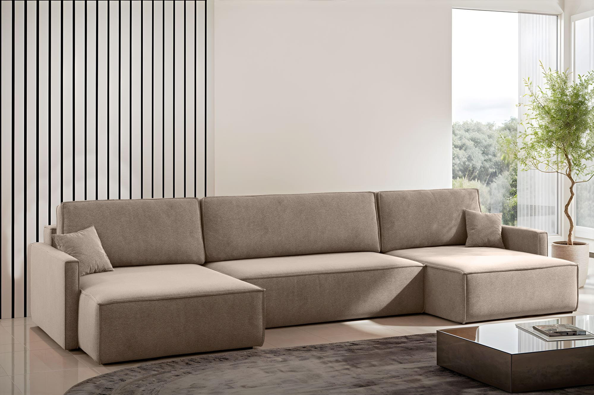 ECKSOFA Carlos U-Form Mit Schlaffunktion Und Bettkasten Stoff Salvador Dunkelbeige - Cappuccino, Holz (348/142cm) - Kaiser Möbel