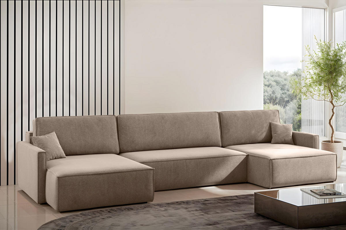 ECKSOFA Carlos U-Form Mit Schlaffunktion Und Bettkasten Stoff Salvador Dunkelbeige - Cappuccino, Holz (348/142cm) - Kaiser Möbel