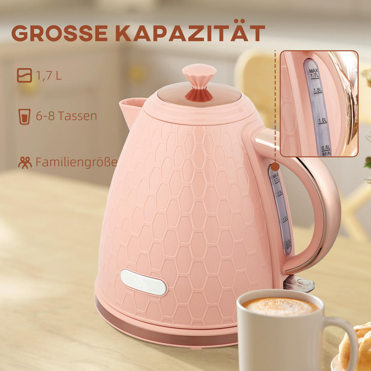 WASSERKOCHER DE-07948 1,7 L, 2,2 kW, kabellos Hellrosa - Pink, Kunststoff (19.5/23.4/24.2cm) - ComfortXL
