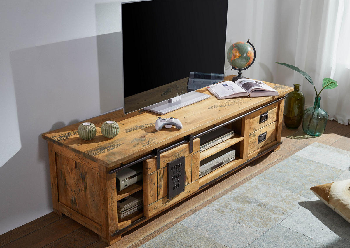 TV-BOARD Mango 180x55x50 natur lackiert RAILWAY #145 - Naturfarben, Holz (180/50/55cm) - Massivmoebel24