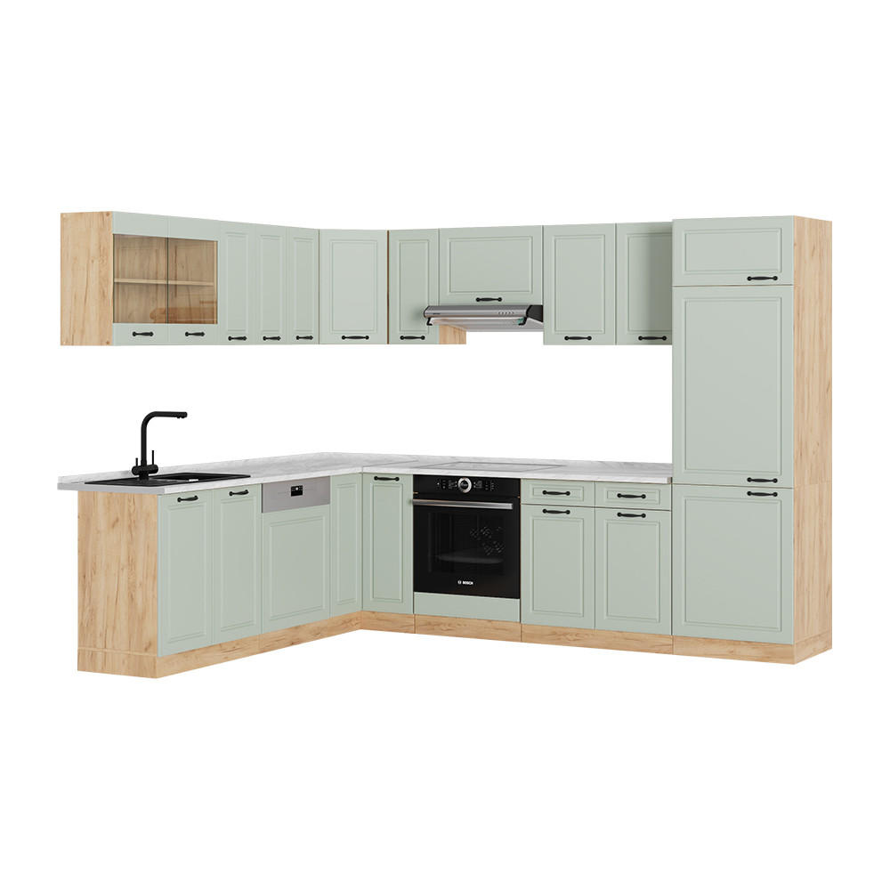 ECKKÜCHE R-Line, Mint Landhaus/Goldkraft Eiche, 287 x 227 cm - Honigeiche/Grün, Holzwerkstoff (287/206.8/60cm) - Vicco