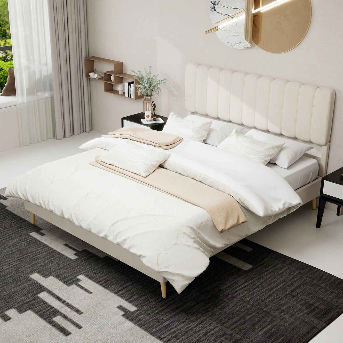 POLSTERBETT 160/200 cm in Beige Samt - Beige, Holzwerkstoff/Textil (160/200cm) - WISHDOR
