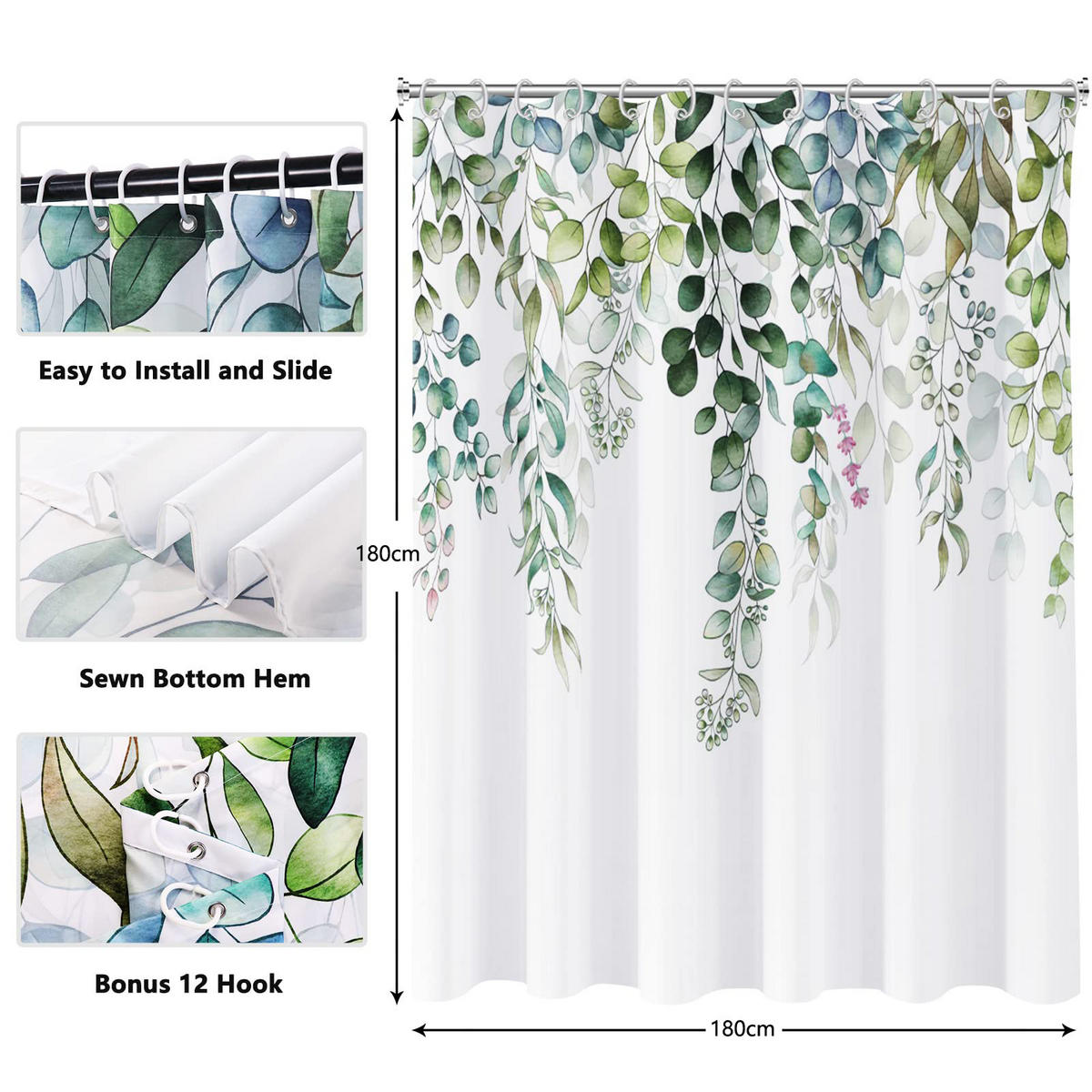 DUSCHVORHANG Aquarell-Pflanzenmuste Salbeigrün 180/180 cm - Salbeigrün, Textil (180/180cm) - Kaket