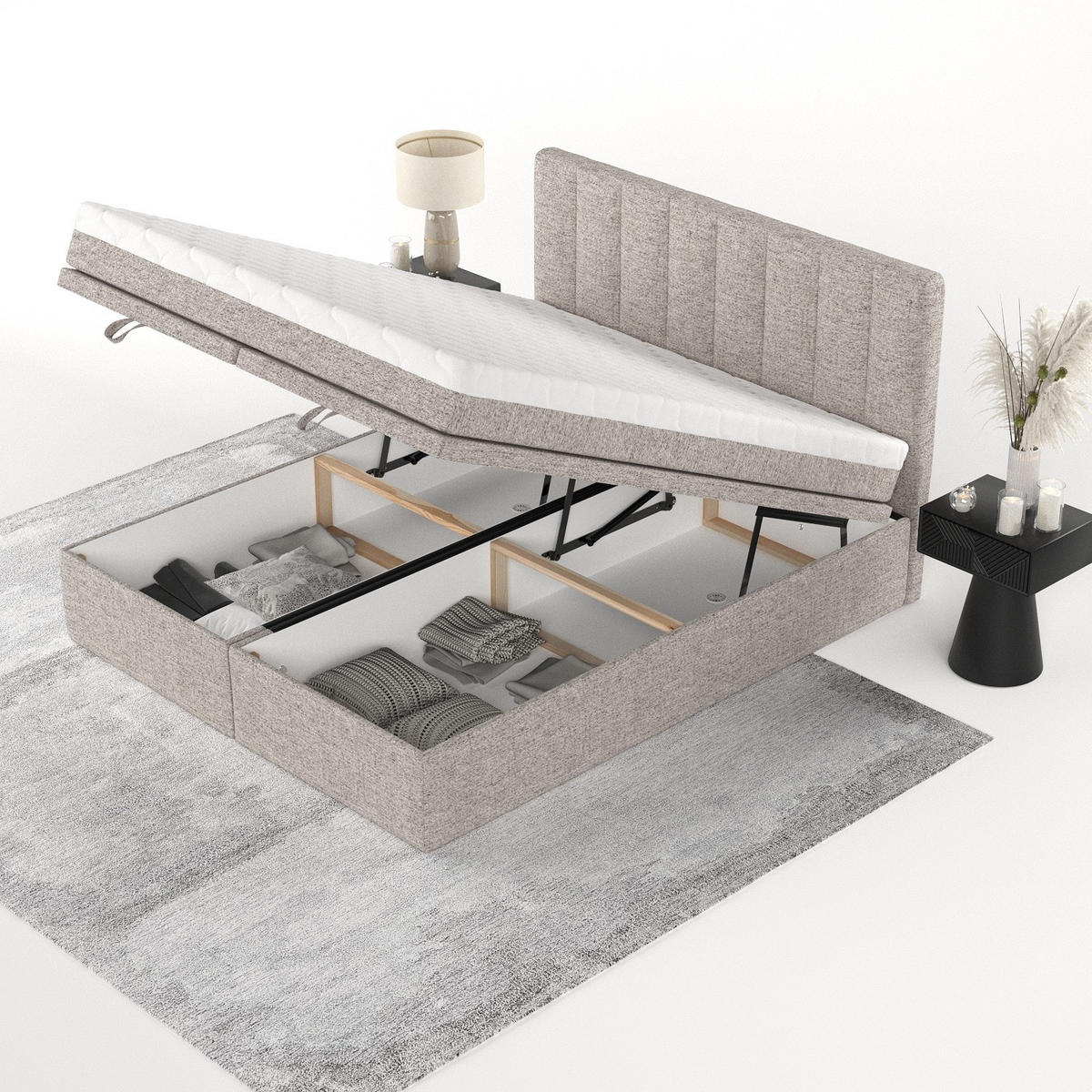 BOXBETT Lume 180/200 cm Beige im Neve Stoff - Beige/Schwarz, Holz/Holzwerkstoff (180/200cm) - AltaBeds