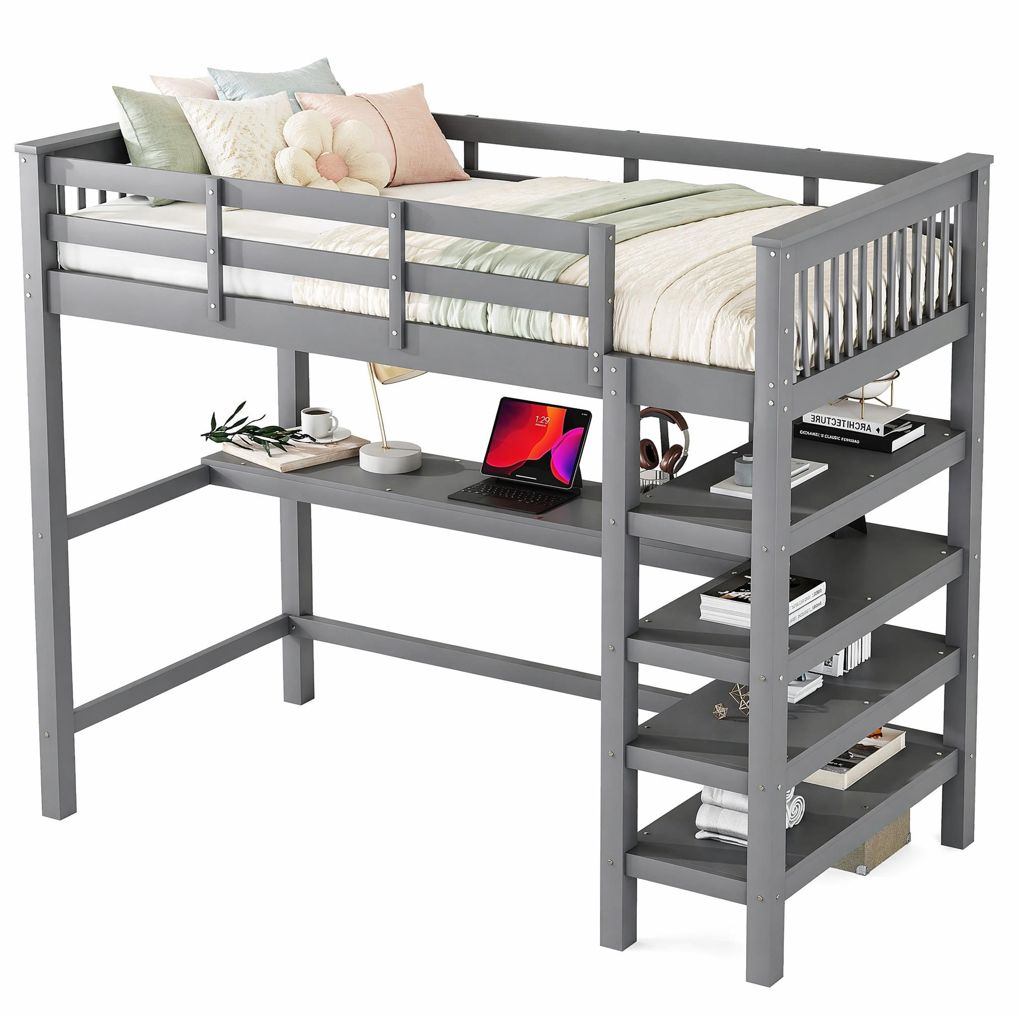 HOCHBETT 90/200 cm in Grau mit Schreibtisch und Ablagefächern - Grau, Holz (90/200cm) - STILVORA