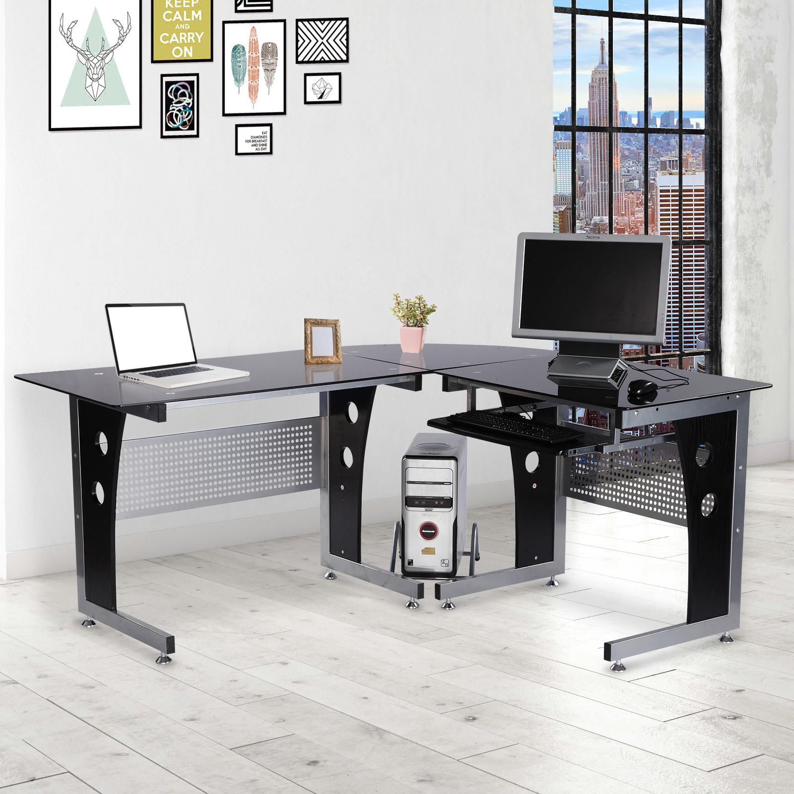 COMPUTERTISCH L-Form, MDF, Eisen Schwarz - Schwarz, Kunststoff (164/139/75cm) - HOMCOM