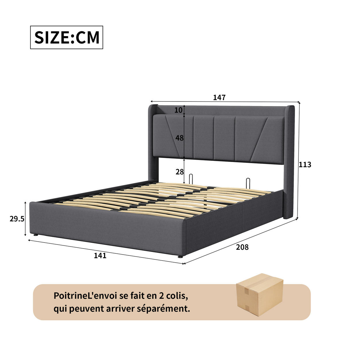 POLSTERBETT 140x200 cm, Grau, LED-Beleuchtung und USB - Grau, Textil/Metall (140/200cm)