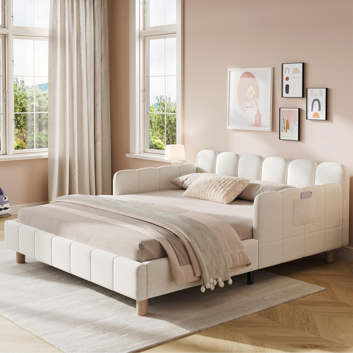 KINDERBETT 140/200 cm in Beige Samt mit Taschen - Beige, Holzwerkstoff/Textil (140/200cm) - WISHDOR