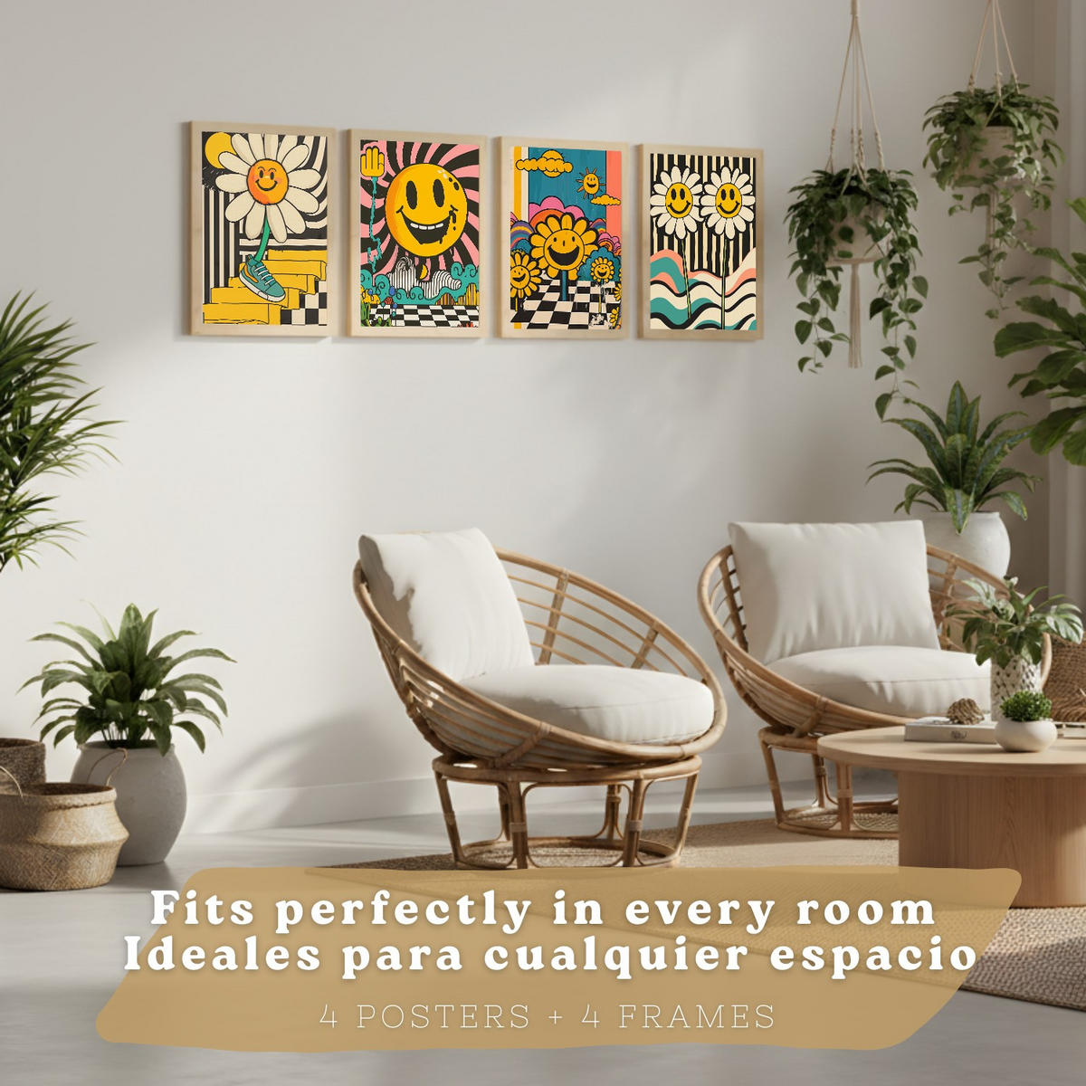 POSTER 4er Kunstdruck-Set Wandbilder Smiley Acid House modern Wohnzimmer Deko, Schlafzimmer, Küche, Badezimmer Leichter Holzrahmen A4 - Beige, Papier (29.7/1/21cm) - Nacnic