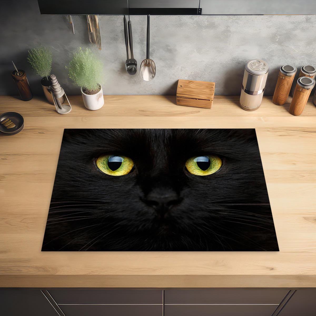 HERDABDECKPLATTE Katze - Augen - Gelb - Schwarz Induktionsmatte 71x52 cm - Schwarz, Kunststoff (71/52/0.2cm) - MuchoWow