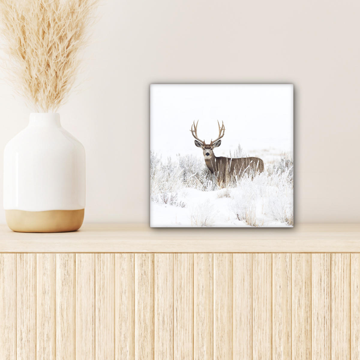 LEINWANDBILD Hirsche - Winter - Schnee - Tiere - Jahreszeiten - Weiß 20x20 cm - Hellbraun, Textil (20/20cm) - MuchoWow