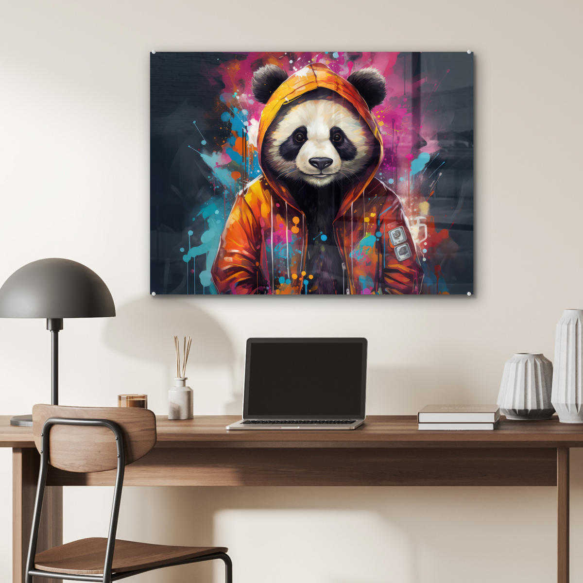 ACRYLGLASBILD Panda - Jacke - Graffiti - Orange 80x60 cm - Orange, Glas (80/60cm) - MuchoWow