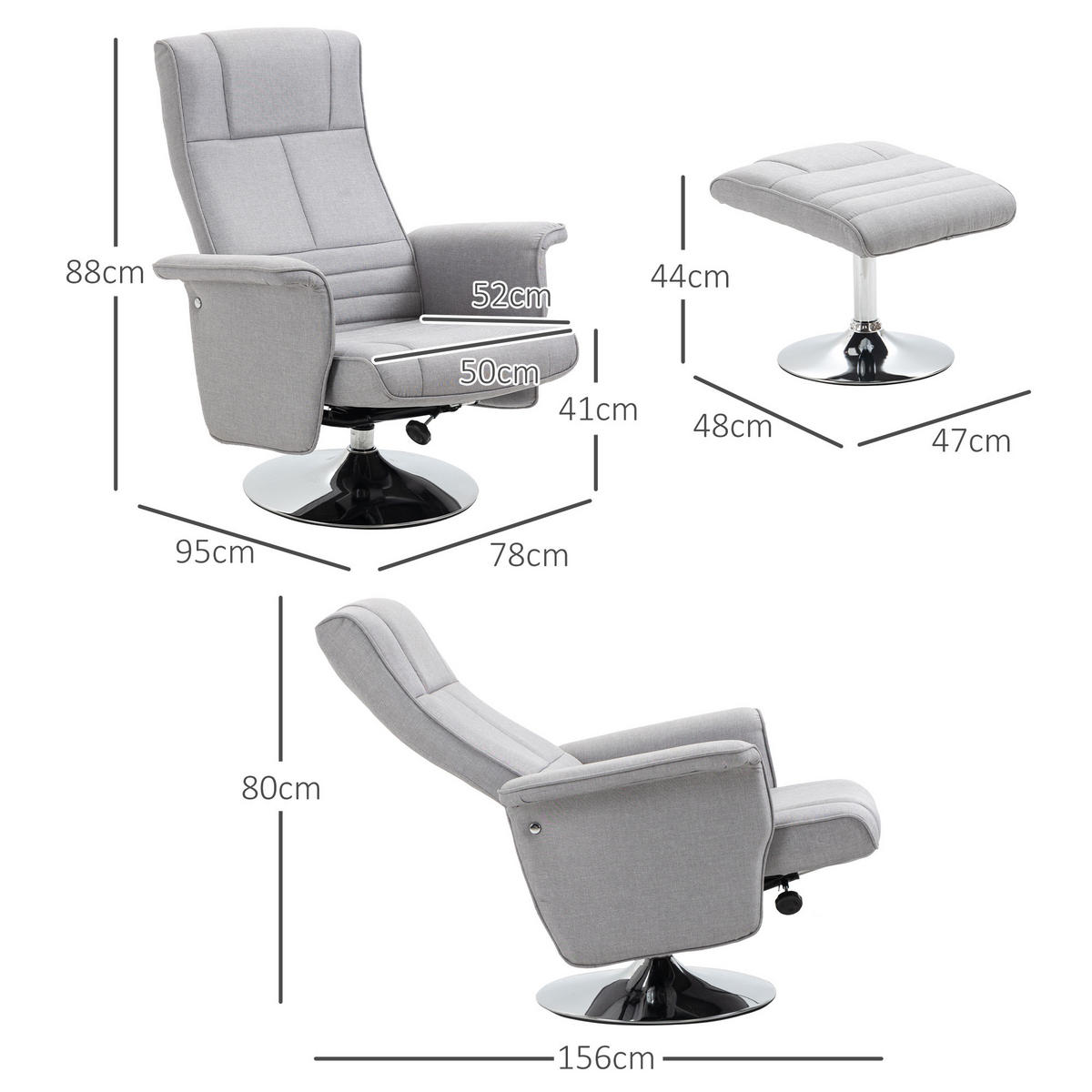 MASSAGESESSEL mit Fußhocker, Elektrischer Relaxsessel mit Liegefunktion Stahl - Chromfarben/Hellgrau, Textil/Metall (95/88/78cm) - HOMCOM