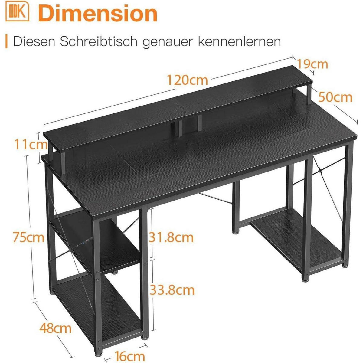 SCHREIBTISCH mit Monitorständer und Regal Schwarz 120 x 50 cm - Schwarz, Holzwerkstoff (120/50/86.5cm)