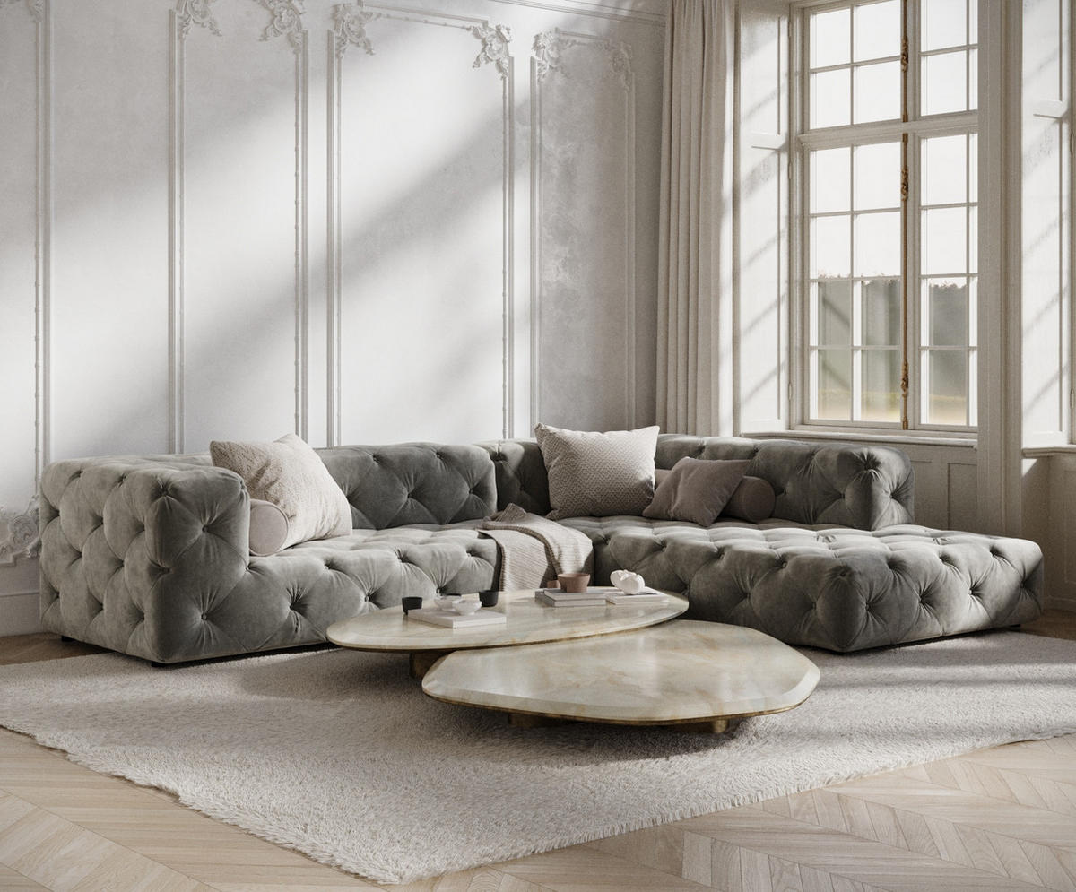 ECKSOFA Cosimo Grau Samtstoff - Schwarz/Grau, Holz/Holzwerkstoff (325/228cm) - Maison de Reve