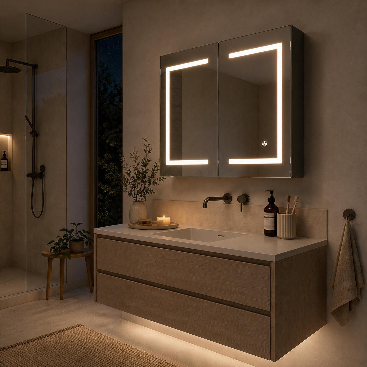 SPIEGELSCHRANK LED 80/60/13.5 cm mit Aufbewahrung, dimmbar, Touch-Schalter, moderner Badezimmer Spiegel mit Stauraum - Weiß, Glas (80/60/13.5cm) - Joyfair