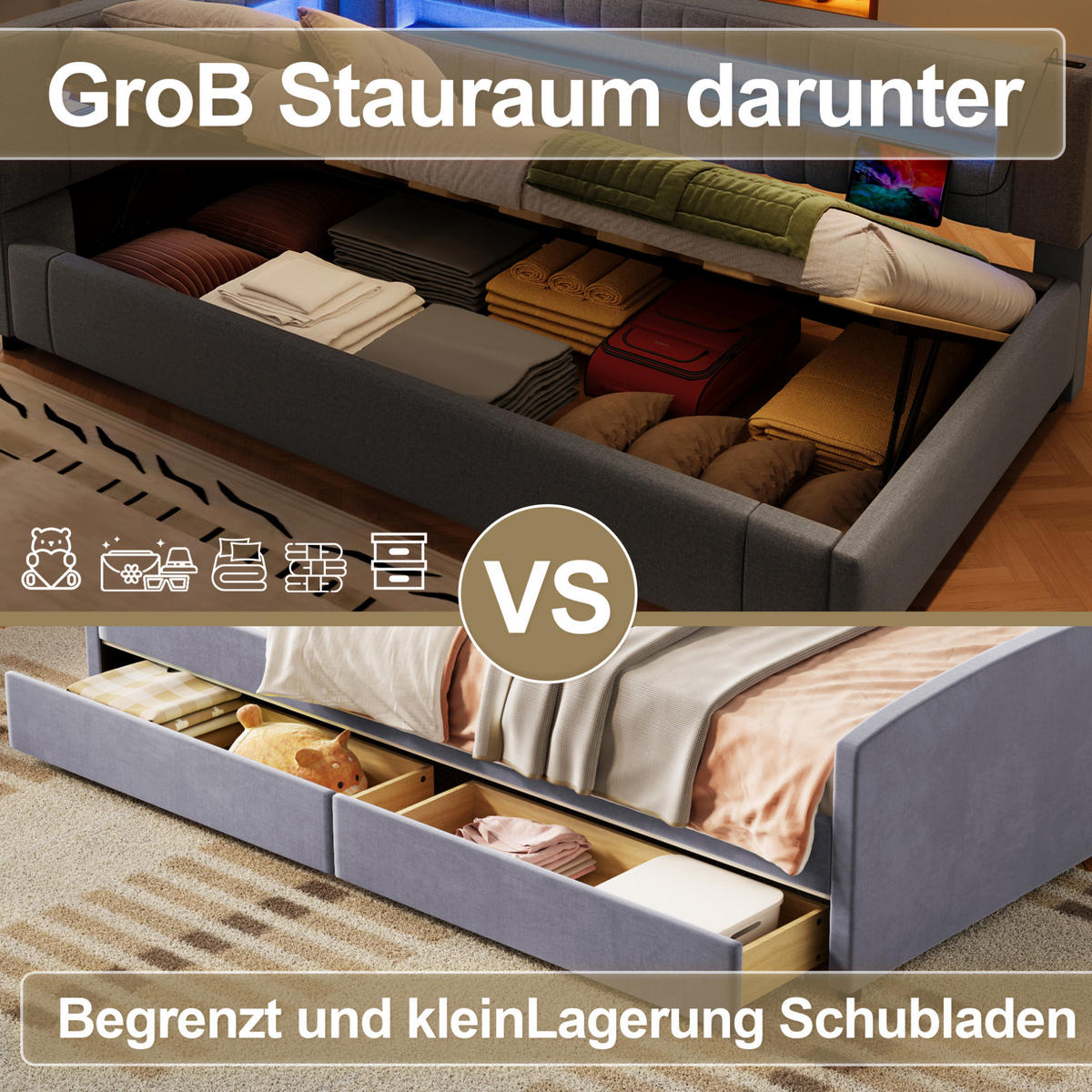 POLSTERBETT 90/200 cm Grau aus Leinen mit Stauraum, LED und USB-Anschlüssen - Grau, Textil (90/200cm) - Flora Grace
