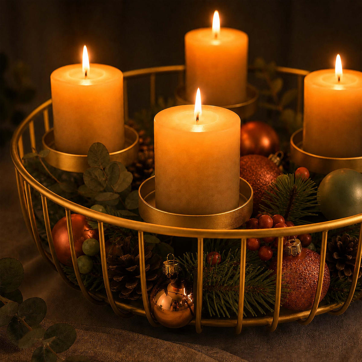 ADVENTSKRANZ Gold Stahl 4 Kerzenhalter 33 cm - Goldfarben, Metall (10cm) - Relaxdays