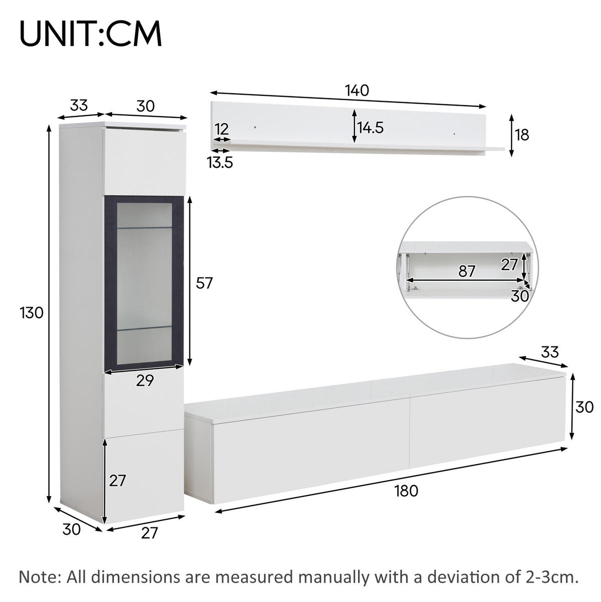 WOHNWAND 3-tlg. mit LED 180 cm Weiß Hochglanz - Weiß, Holzwerkstoff (30/130/207cm) - Beauniv