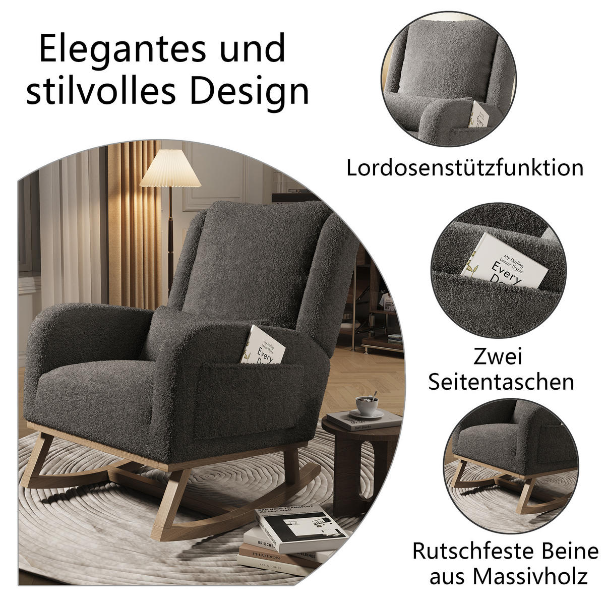 SCHAUKELSTUHL Plüsch Lendenstütze Taschen Holzfüße grau - Grau, Holz (52/96/93cm) - LEBENLANG