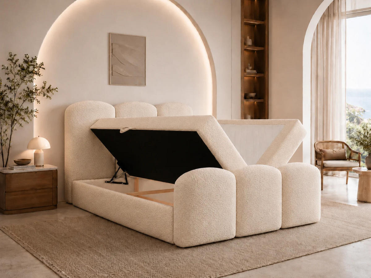 BOXBETT ROYAL 120x200 cm in Beige, Bettkasten, Topper, Bouclé-Stoff - Beige, Holz/Textil (120/200cm) - EMLAR Home
