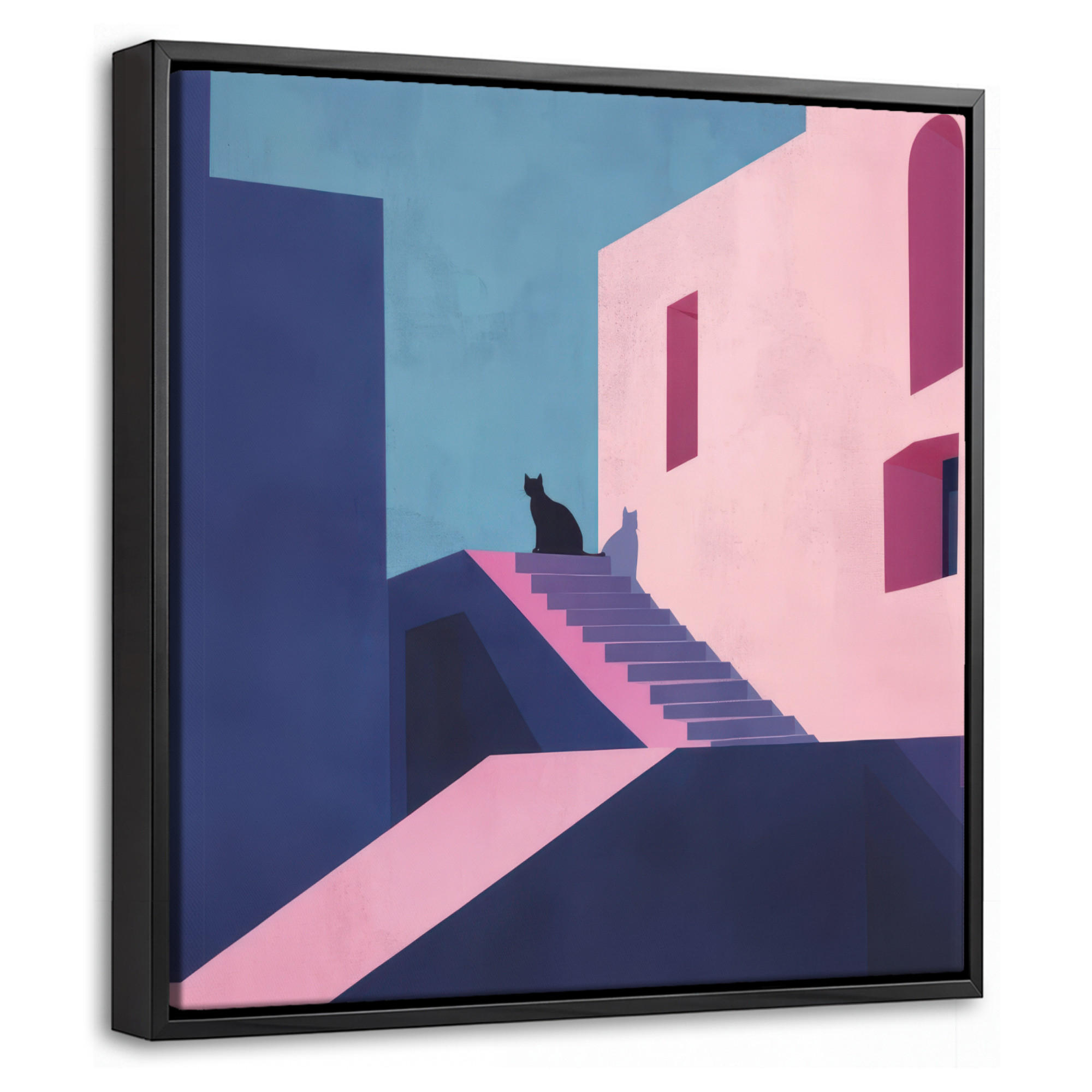 LEINWAND Bilder mit Rahmen - Katze - Treppe - Gebäude - Schattenkontraste - 20x20 - Dunkelblau, Textil (20/20cm) - MuchoWow