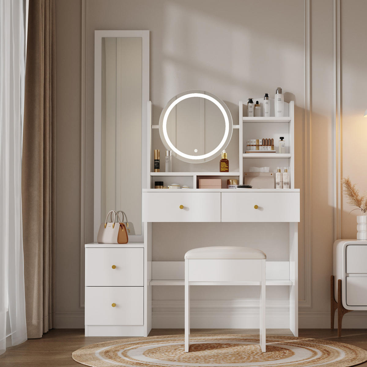SCHMINKTISCH 109/36/164 cm Weiß mit LED-Beleuchtung und Hocker Ganzkörperspiegel - Weiß, Holzwerkstoff (36/164/109cm) - OKWISH