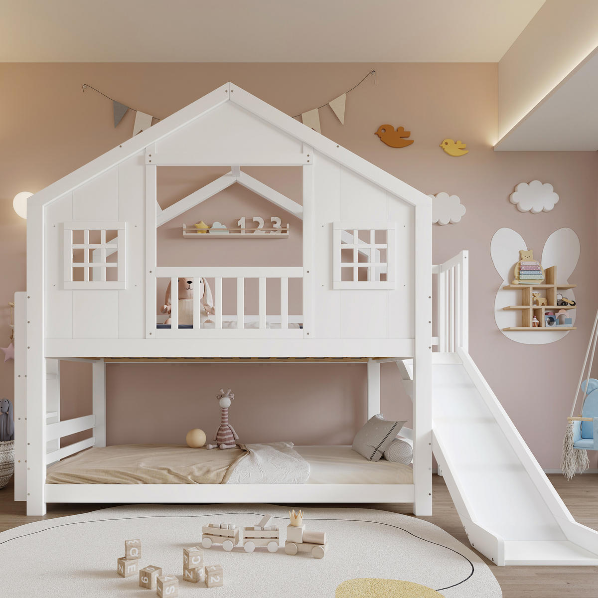 ETAGENBETT Mit Kinderrutsche Weiß 90x200cm - Weiß, Holz (90/200cm) - ComfortXL