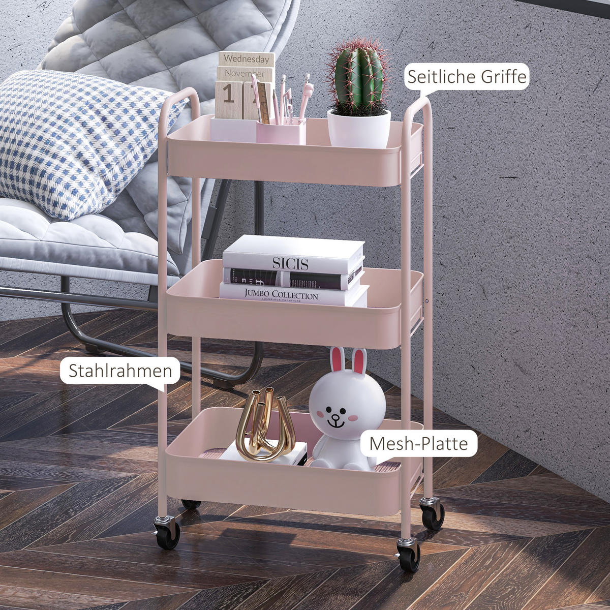 SERVIERWAGEN Rollwagen mit 3 Etagen, für Küche, Wohnzimmer, Stahl, Rosa - Rosa, Metall (30.6/79/45cm) - HOMCOM