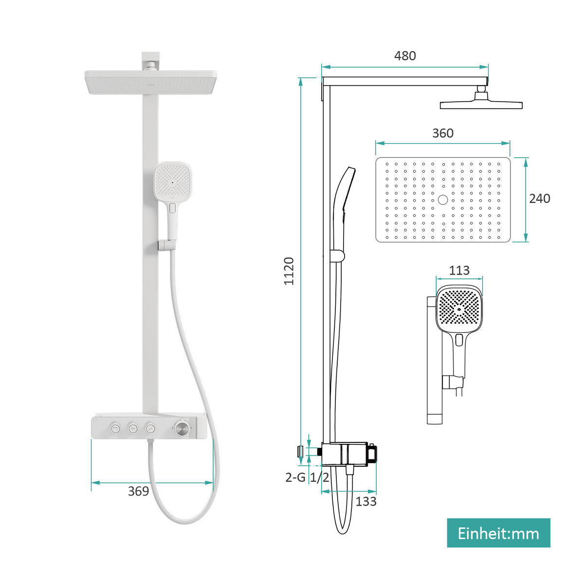 ÜBERKOPFBRAUSESET mit Handbrause Thermostat Vielseitig Weiß - Weiß, Metall (40/113/58cm) - EMKE