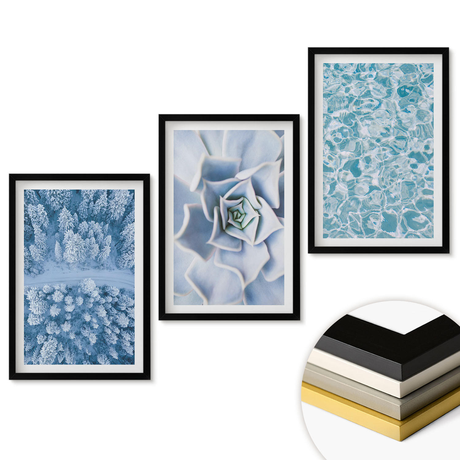 WANDBILDER 3er-Set - 40x60 cm Schwarzer Rahmen - Winterwald blaue Blume Wasser - Schwarz, Kunststoff (40/60cm) - ArtPrintCave