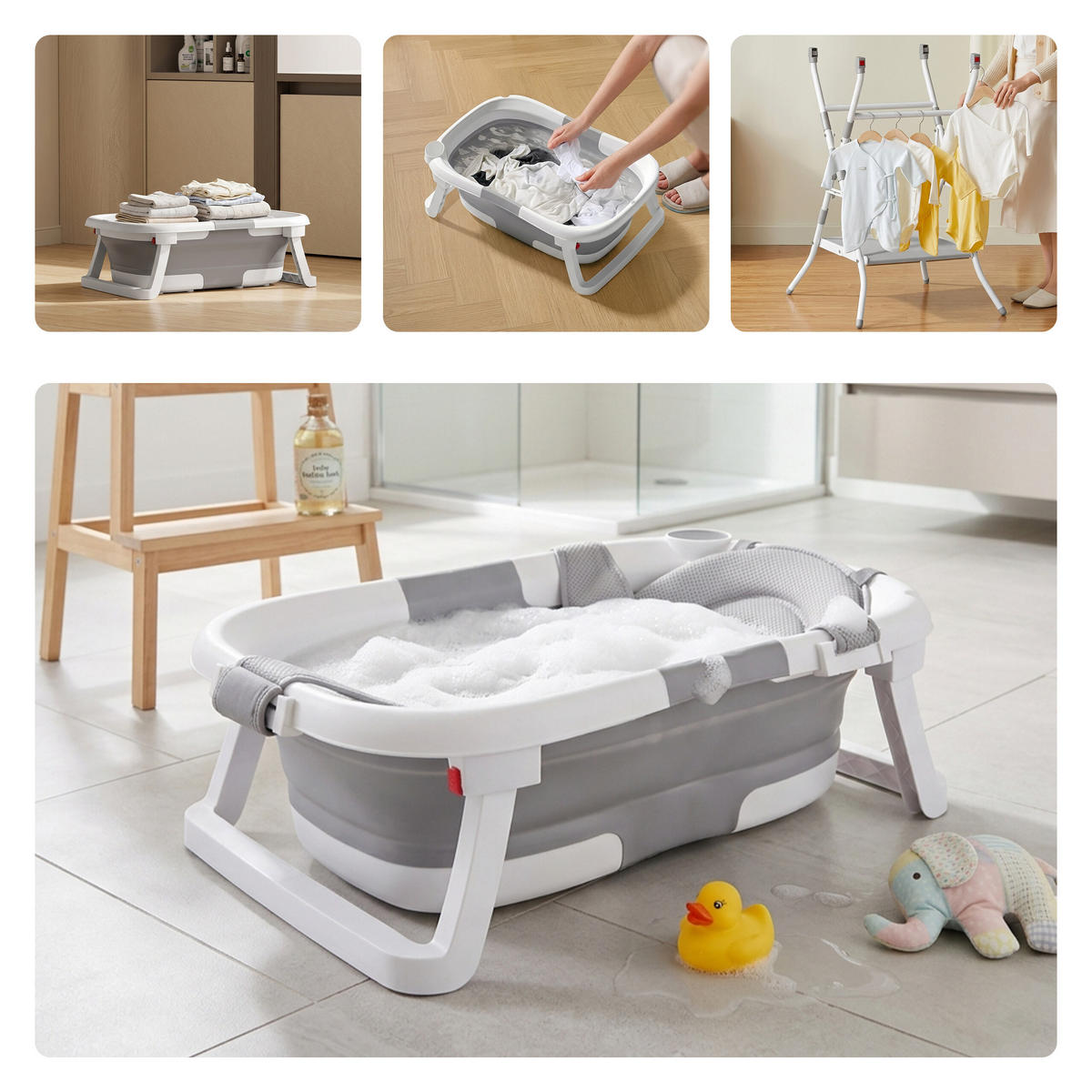 BABYBADEWANNE Grau Weiß faltbar mit Gestell - Multicolor, Kunststoff/Metall (68/52cm) - Relaxdays