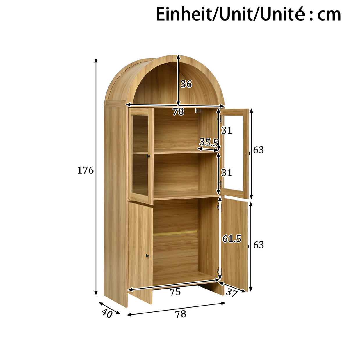 VITRINE 78/40/176 cm aus Holzwerkstoff mit Glastüren und Wellenfront Natur - Naturfarben, Holzwerkstoff (78/176/40cm) - Modenvie